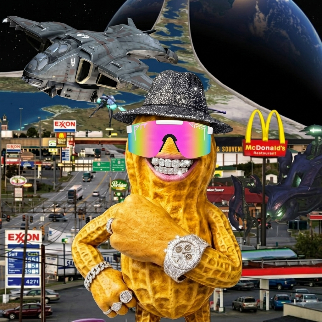 Peenuf in pink visors at a gas station planet