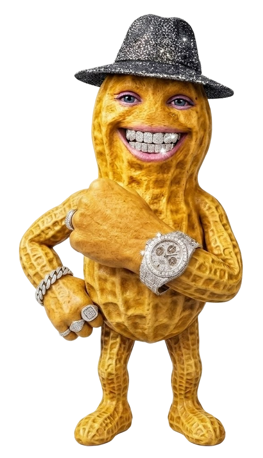 The Peenuf mascot with diamond grill and glitter hat