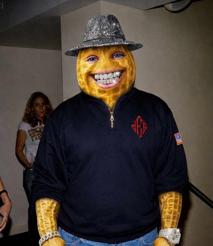 Peenuf in a quarter zip at a party